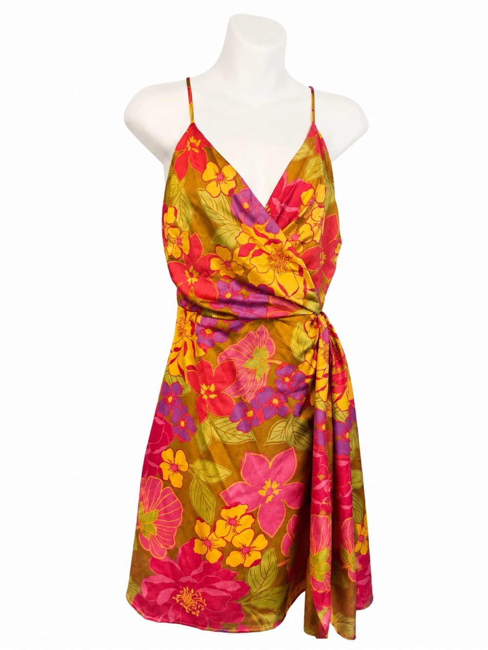Bright Floral Wrap Mini Dress in Pink, Yellow & Green Tropical Print | Vacation